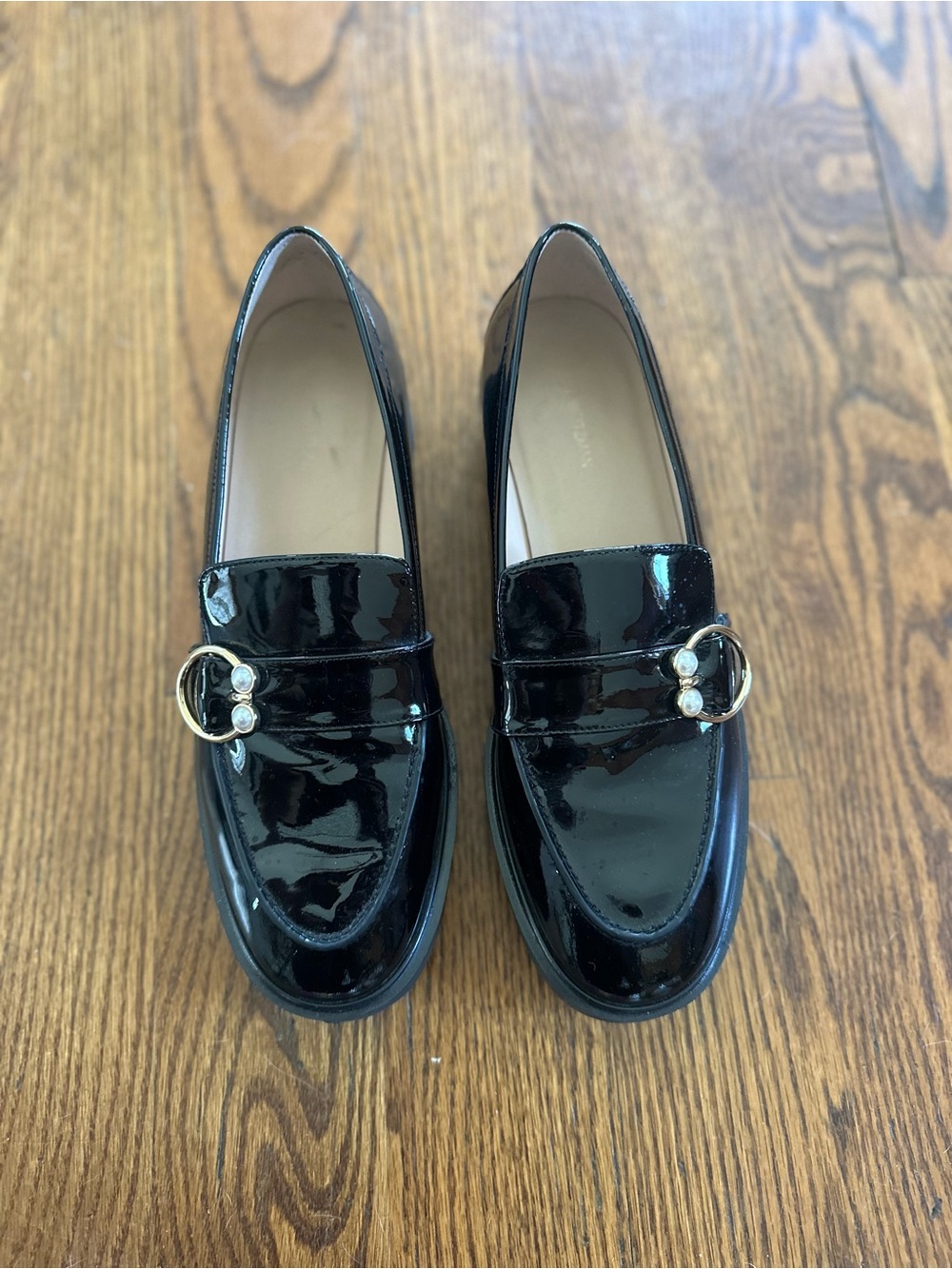 Stuart Weitzman Brenna Patent Leather Black Loafers with Pearl-Accent Buckle